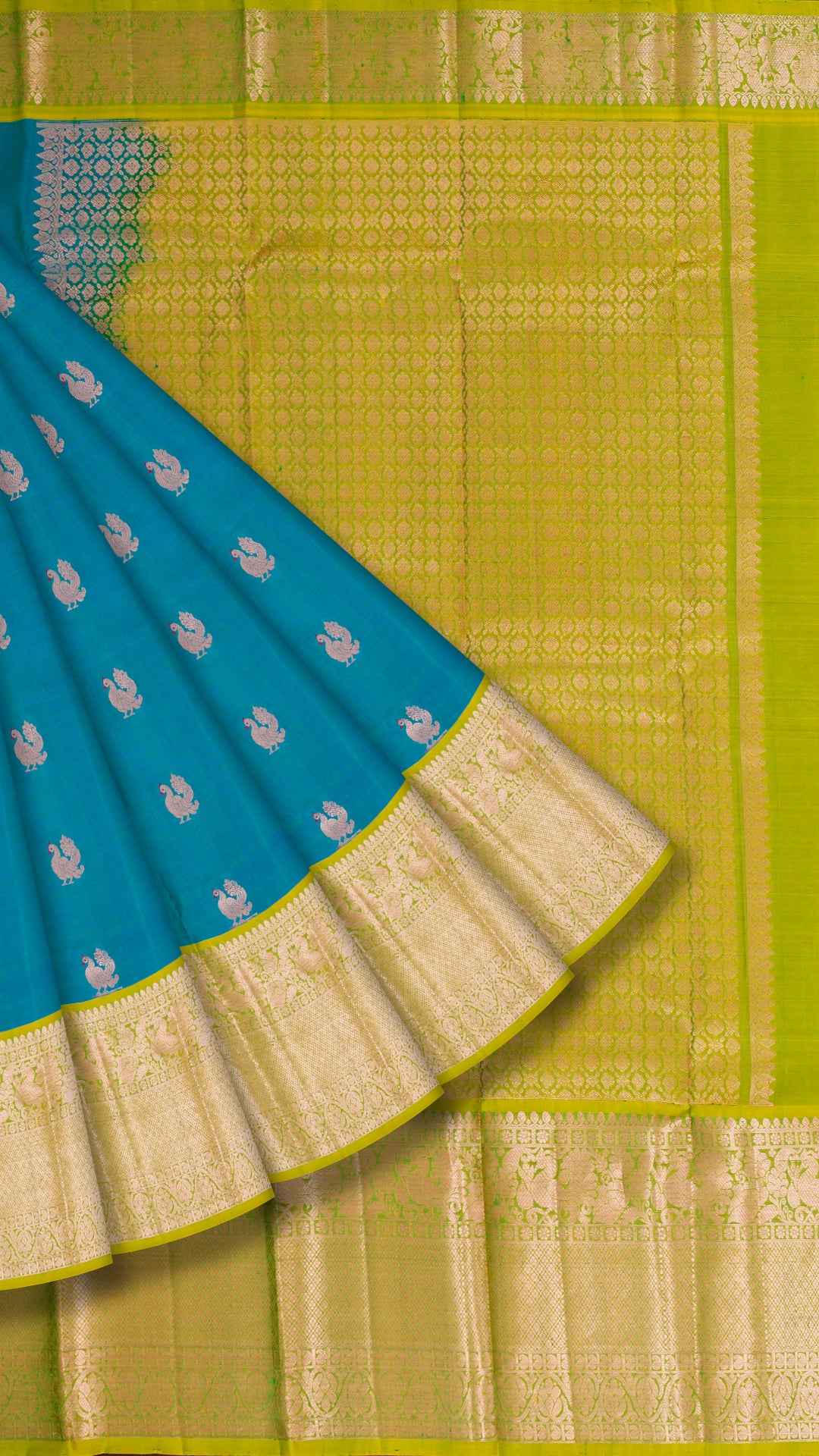 Rama Green Kanchi Pattu Saree with Buta Design and Yellow Green Contrast