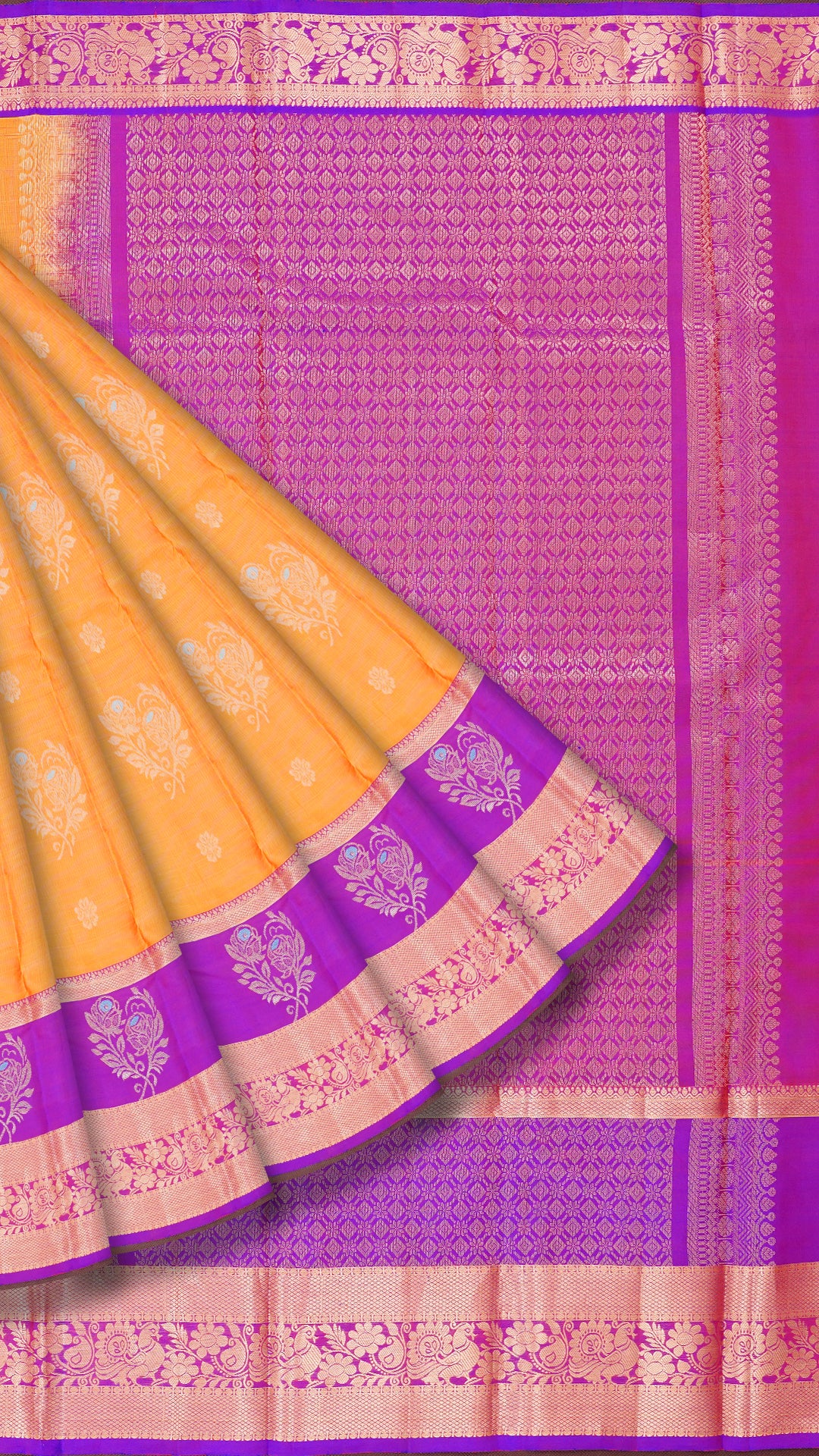 Yellowish Orange Kanchipuram Saree with Violet Zari Border
