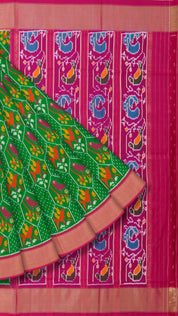 Parrot Green Ikkat Silk Saree with Pink Accents