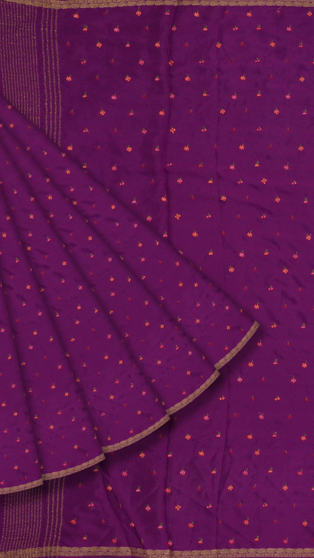Burgundy Georgette Silk Saree with Small Gold Self Zari Border & Allover Buttas