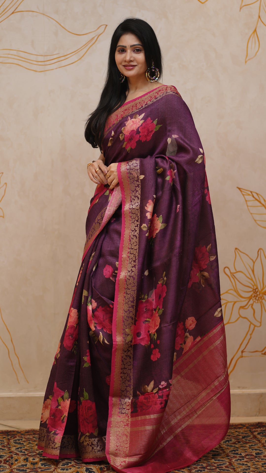 Burgundy Jute Silk Saree with Pink Contrast Floral Border