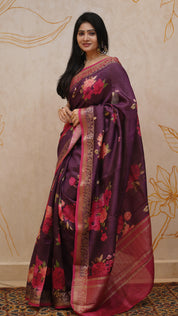 Burgundy Jute Silk Saree with Pink Contrast Floral Border