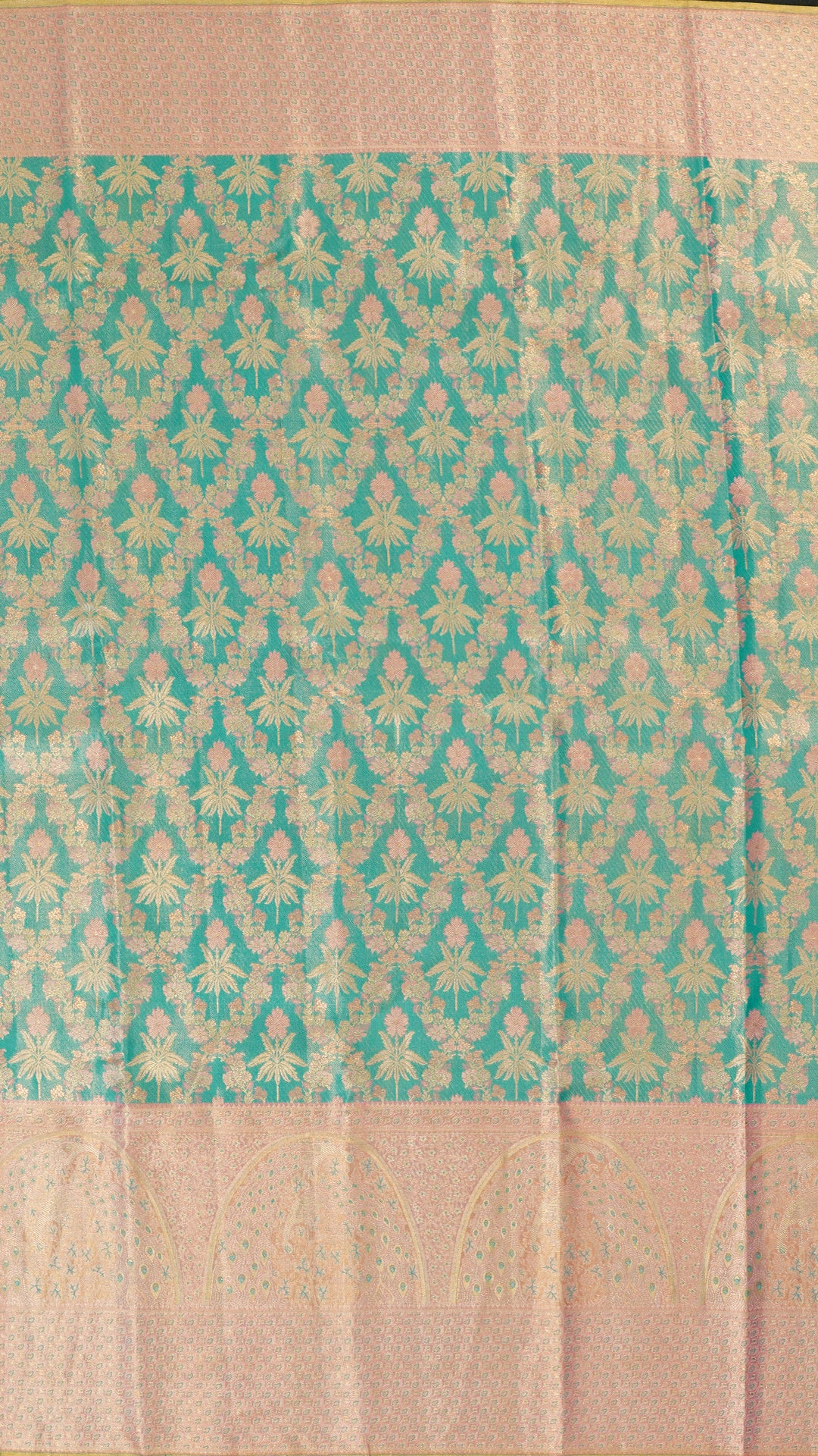 Teal Blue Kanchipuram Silk Saree with Peach Contrast Border