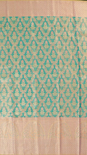 Teal Blue Kanchipuram Silk Saree with Peach Contrast Border