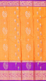 Yellowish Orange Kanchipuram Saree with Violet Zari Border