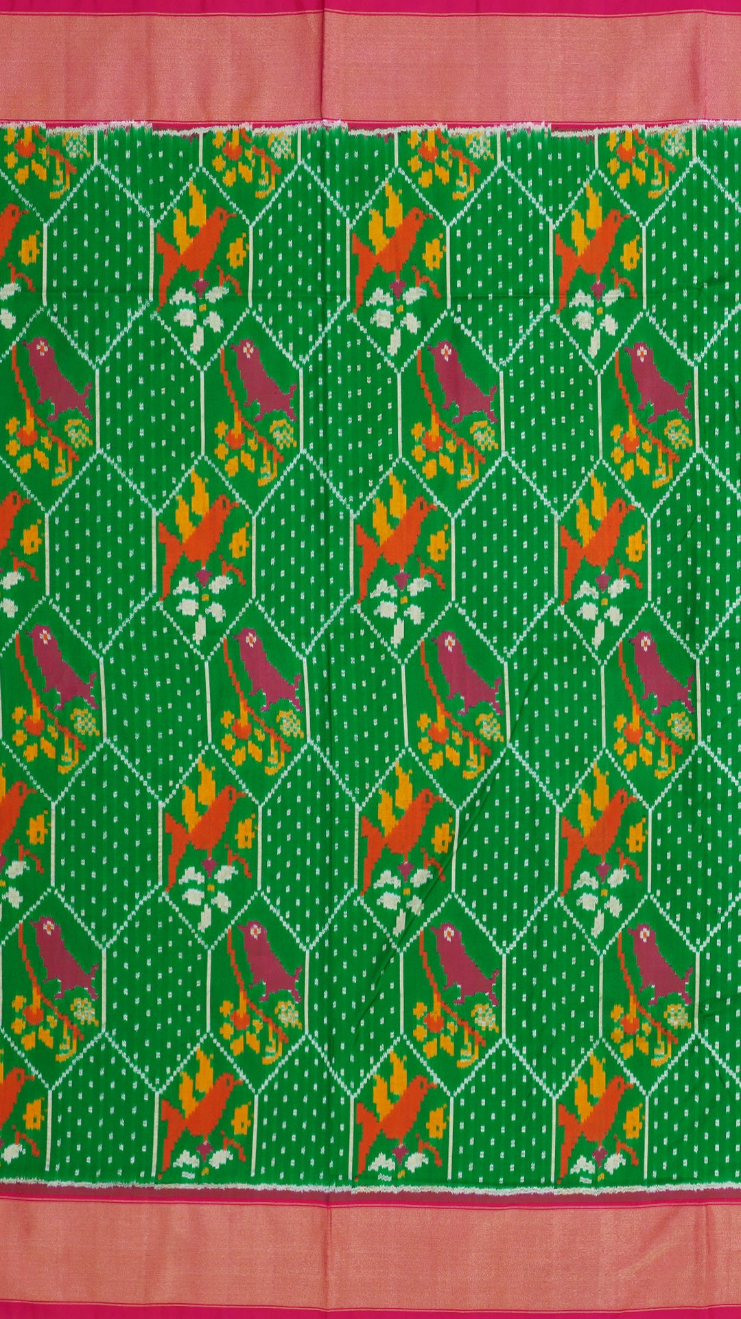 Parrot Green Ikkat Silk Saree with Pink Accents