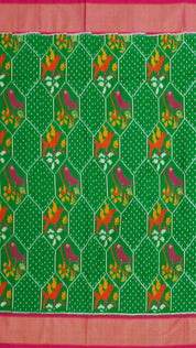 Parrot Green Ikkat Silk Saree with Pink Accents