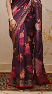 Burgundy Jute Silk Saree with Pink Contrast Floral Border