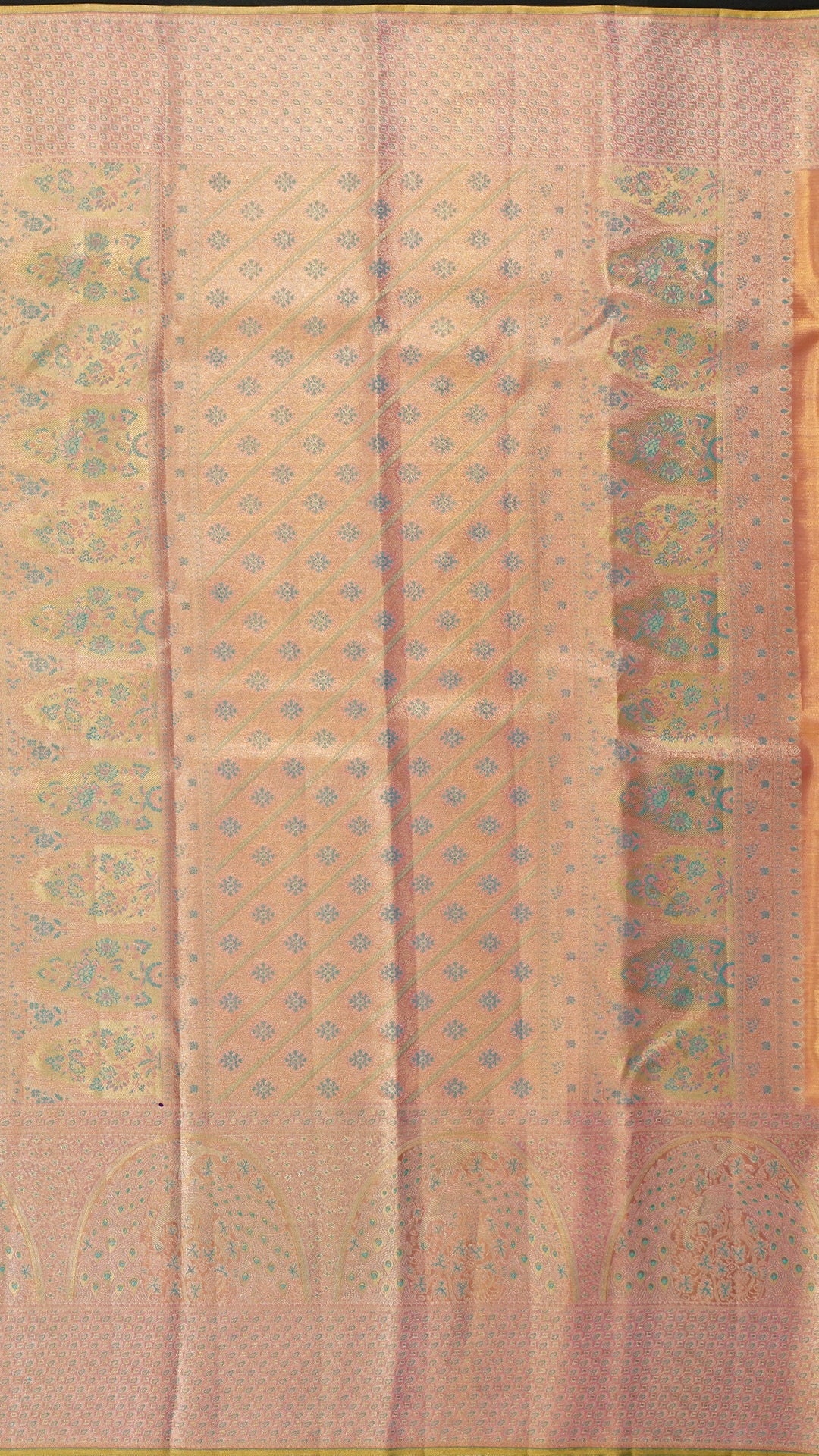 Teal Blue Kanchipuram Silk Saree with Peach Contrast Border