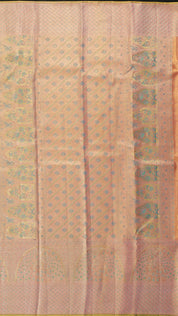 Teal Blue Kanchipuram Silk Saree with Peach Contrast Border