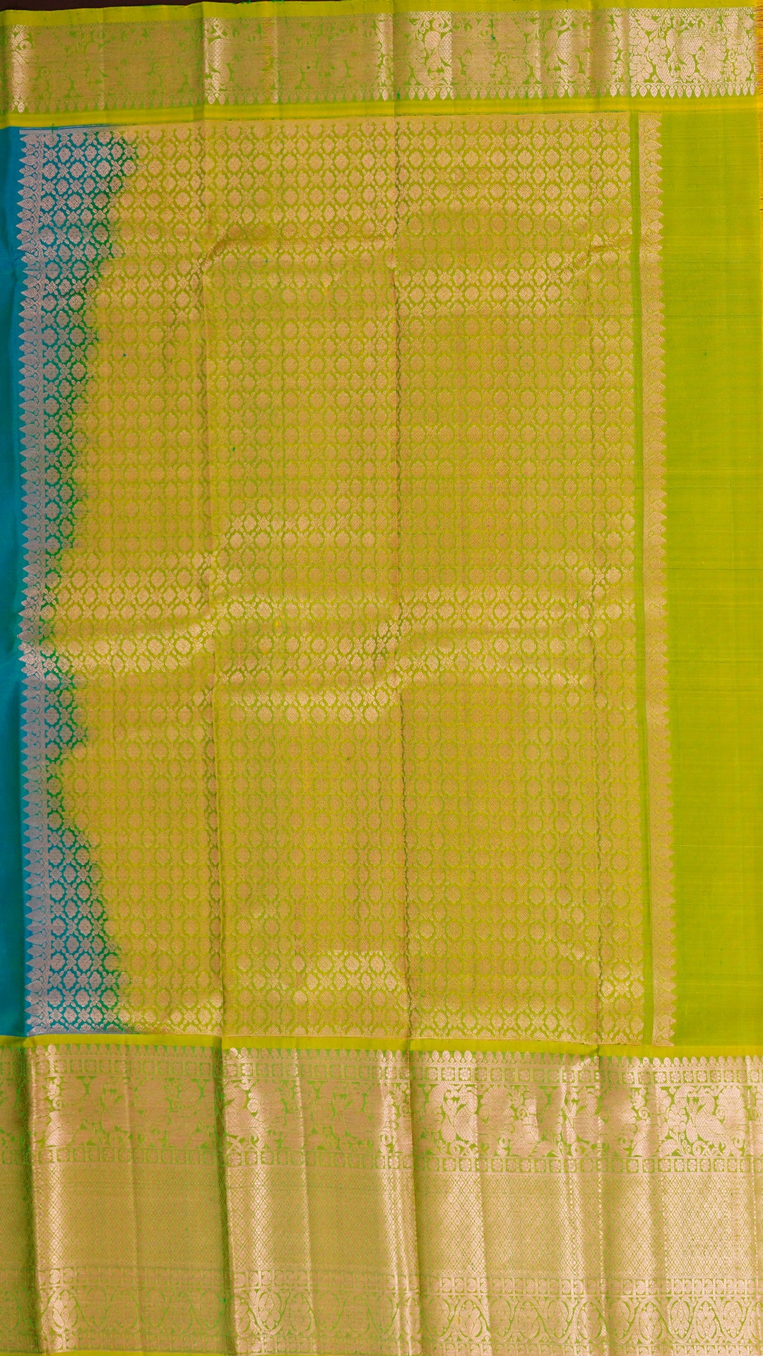 Rama Green Kanchi Pattu Saree with Buta Design and Yellow Green Contrast