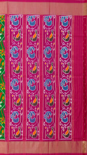 Parrot Green Ikkat Silk Saree with Pink Accents