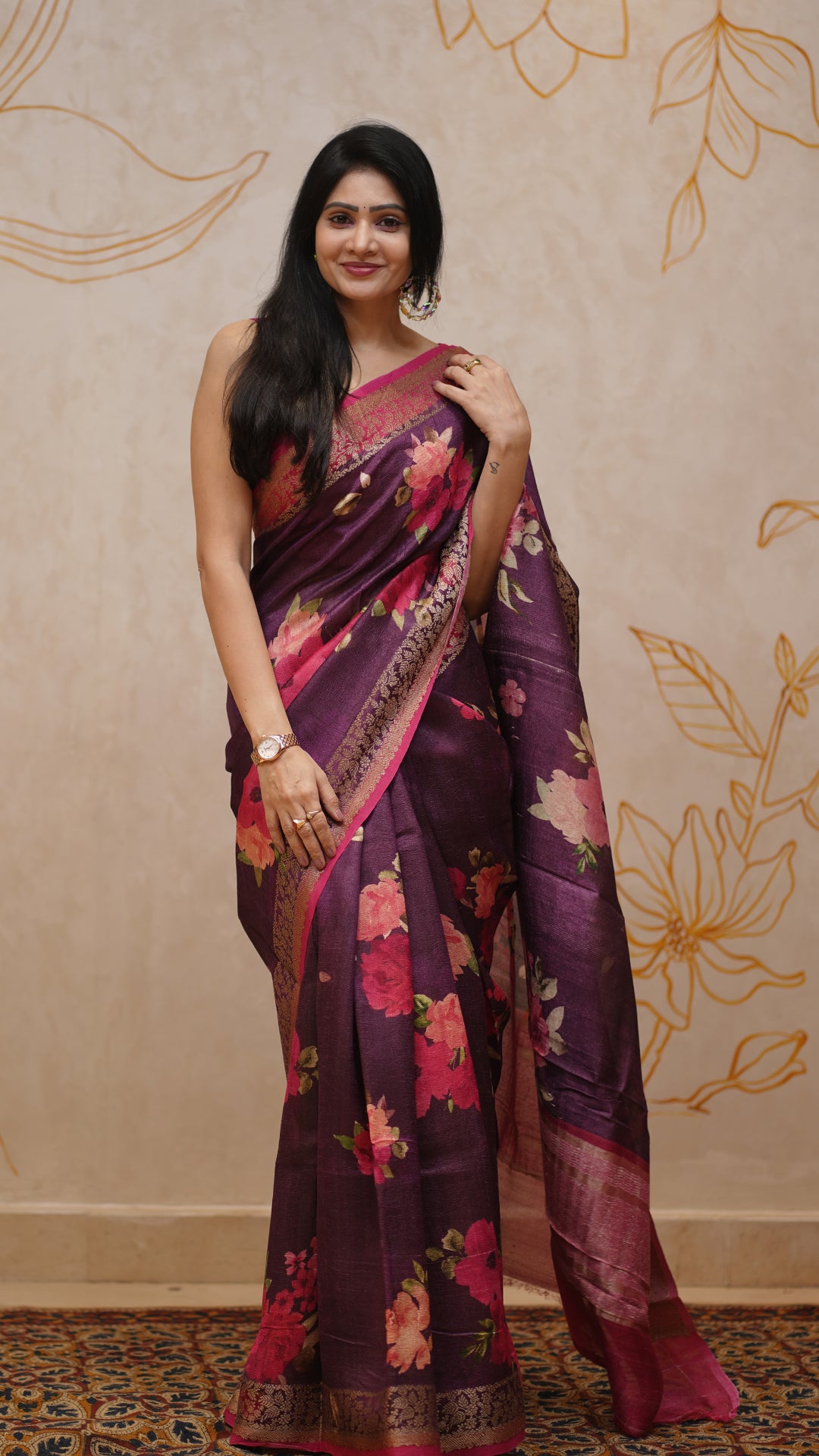 Burgundy Jute Silk Saree with Pink Contrast Floral Border