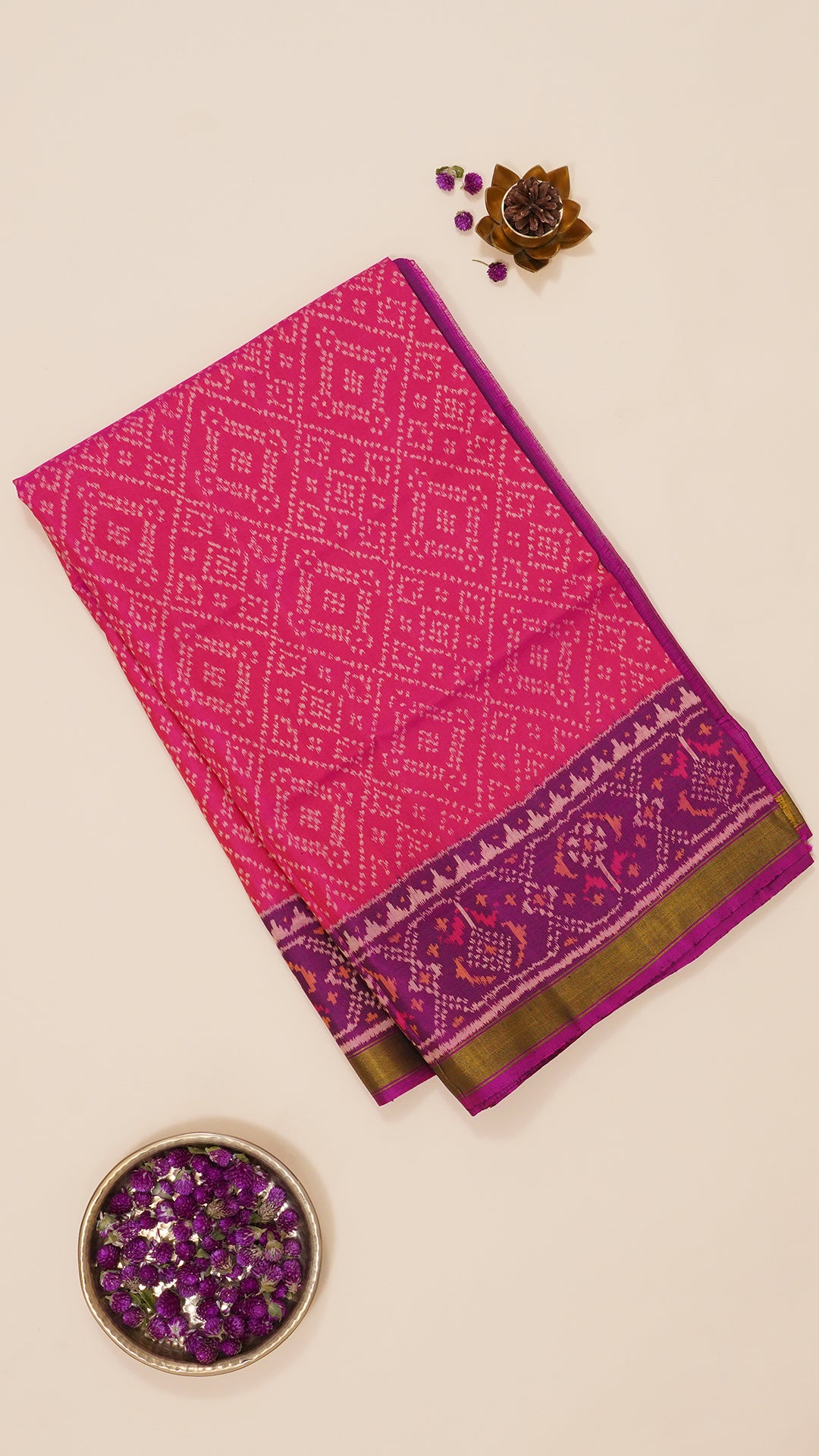 Pink Patola Silk Saree with Medium Purple Contrast Zari Border
