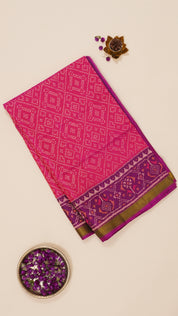 Pink Patola Silk Saree with Medium Purple Contrast Zari Border