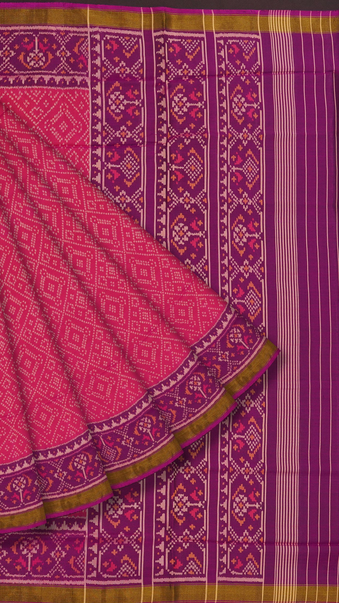 Pink Patola Silk Saree with Medium Purple Contrast Zari Border