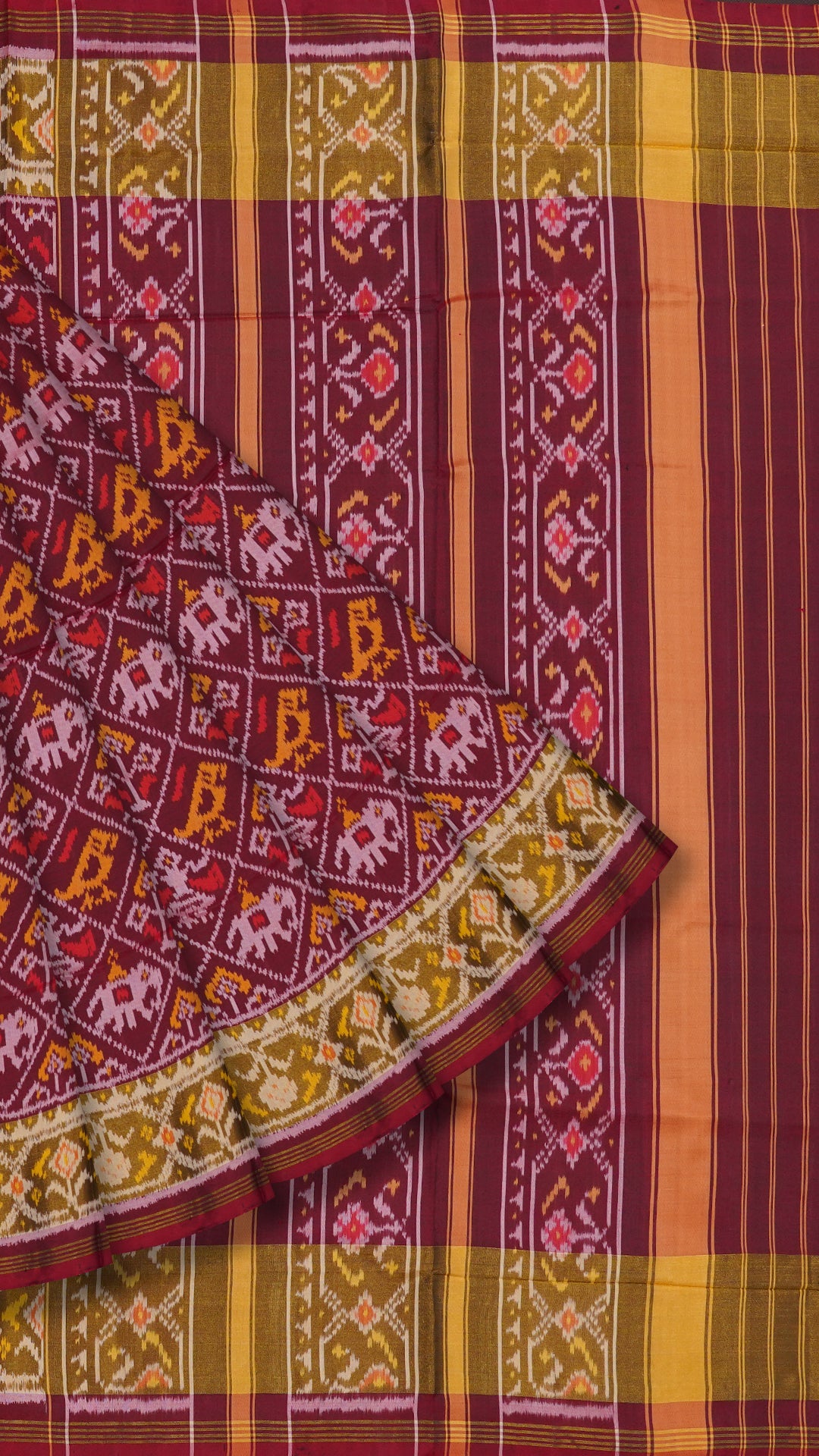 Maroon Patola Silk Saree with Medium Gold Contrast Zari Border