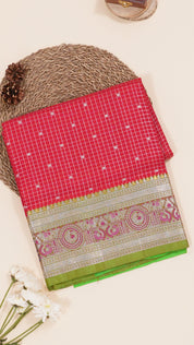 Elegant Red Silk Saree in checks with butta Pattern