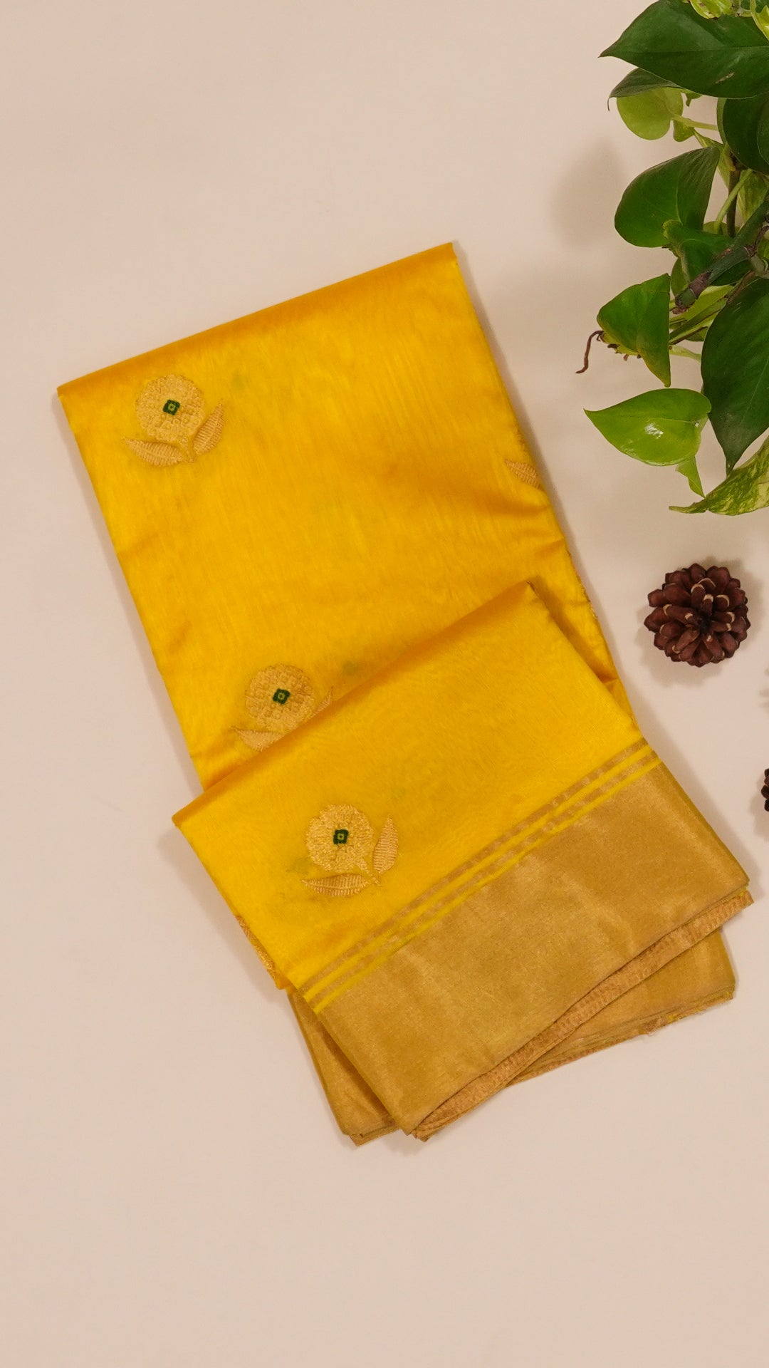 Bright Yellow Chanderi Silk Saree with Gold Butta & Kadi Border