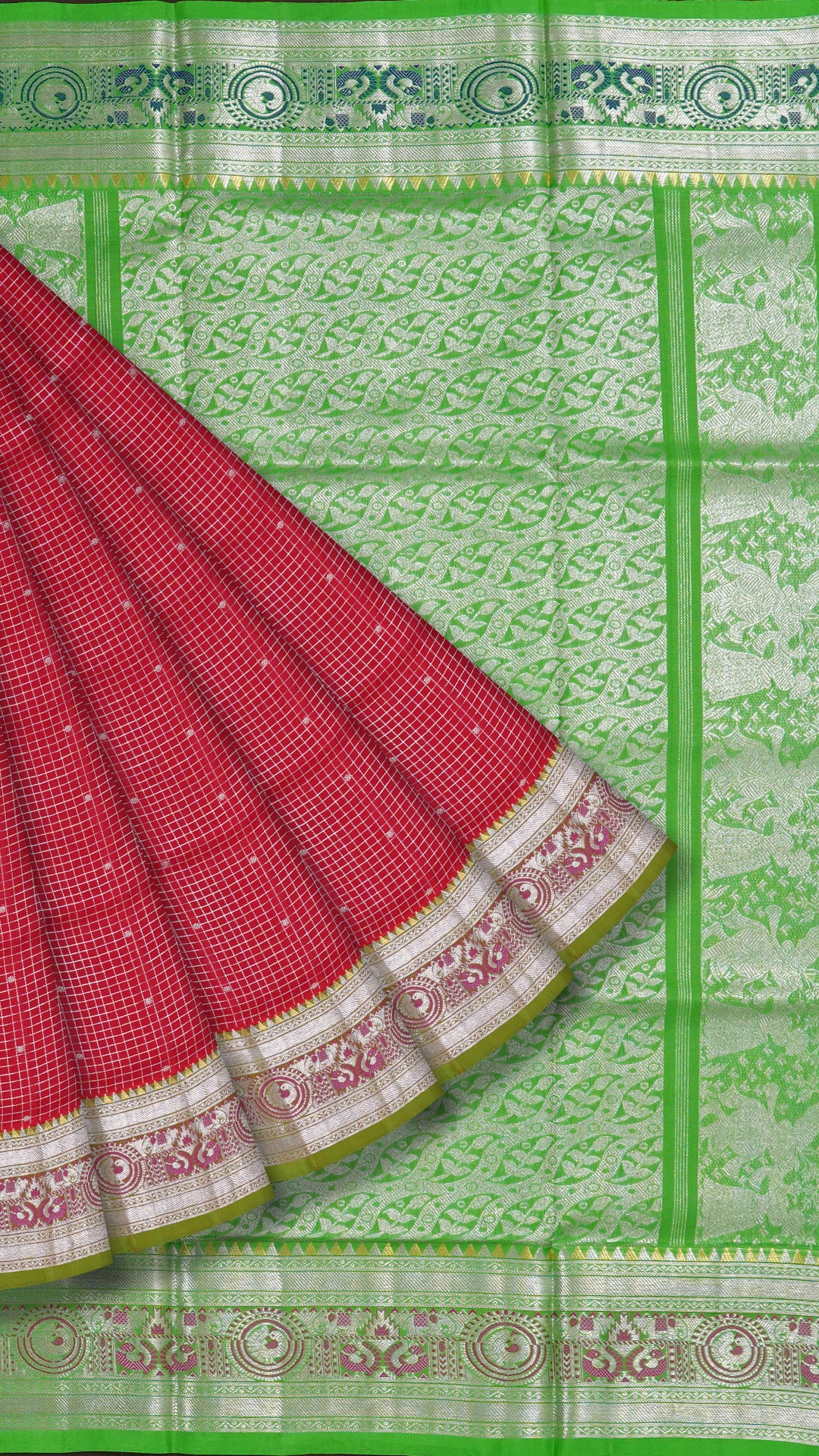 Elegant Red Silk Saree in checks with butta Pattern