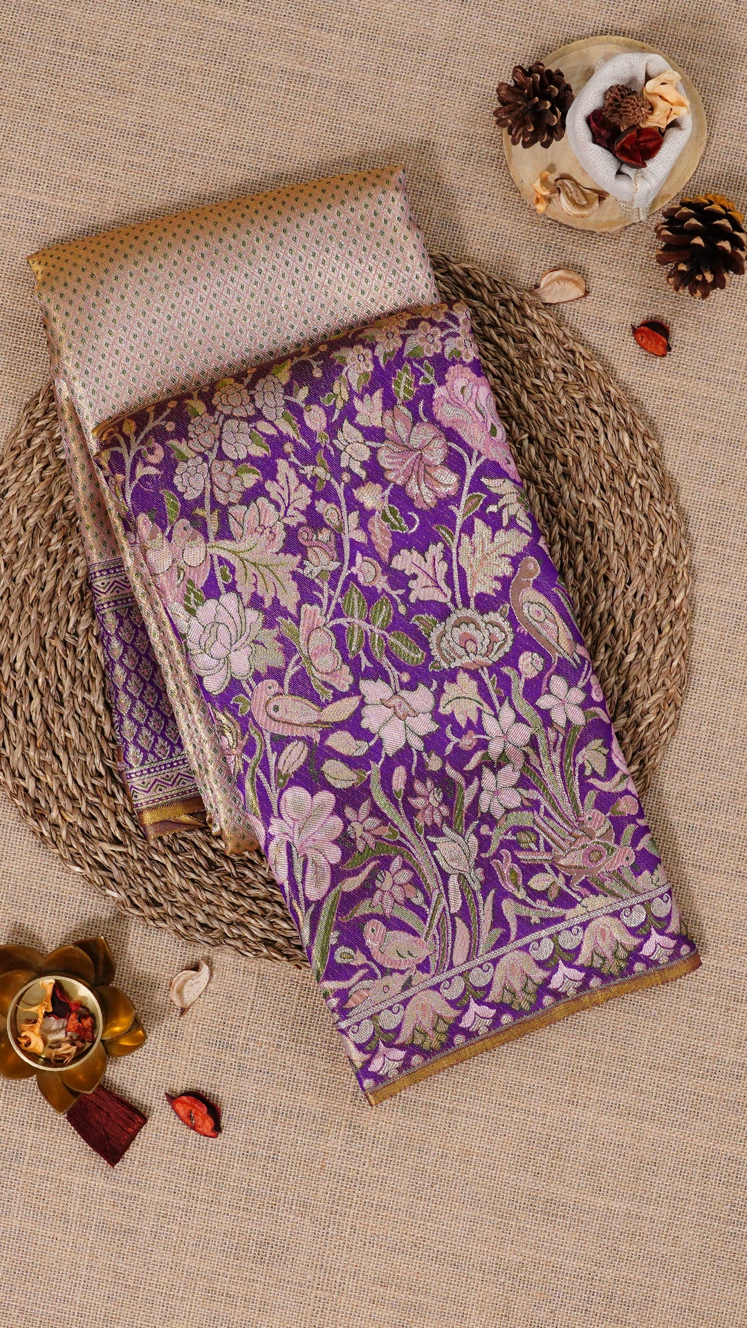 Peach Silk Saree with Purple Brocade and Small Butta Weave