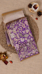 Peach Silk Saree with Purple Brocade and Small Butta Weave