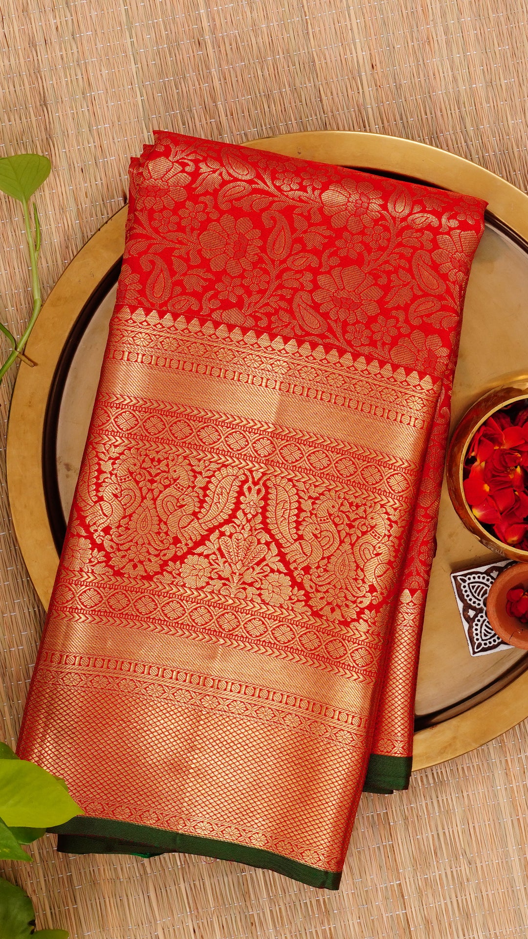 Red Kanchi Pattu Silk Saree with All Over Zari and Contrast Buta Pallu