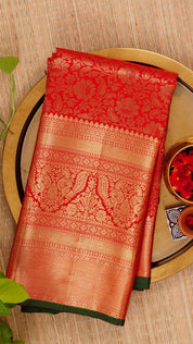 Red Kanchi Pattu Silk Saree with All Over Zari and Contrast Buta Pallu