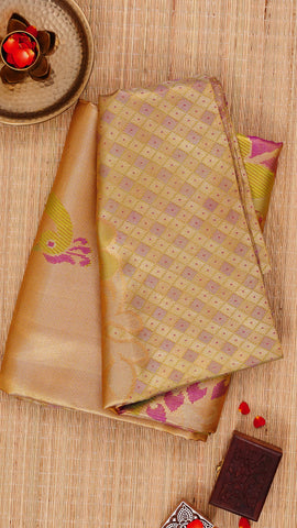 Gold Kanchipuram Saree with Multi-Colour Cross Checks