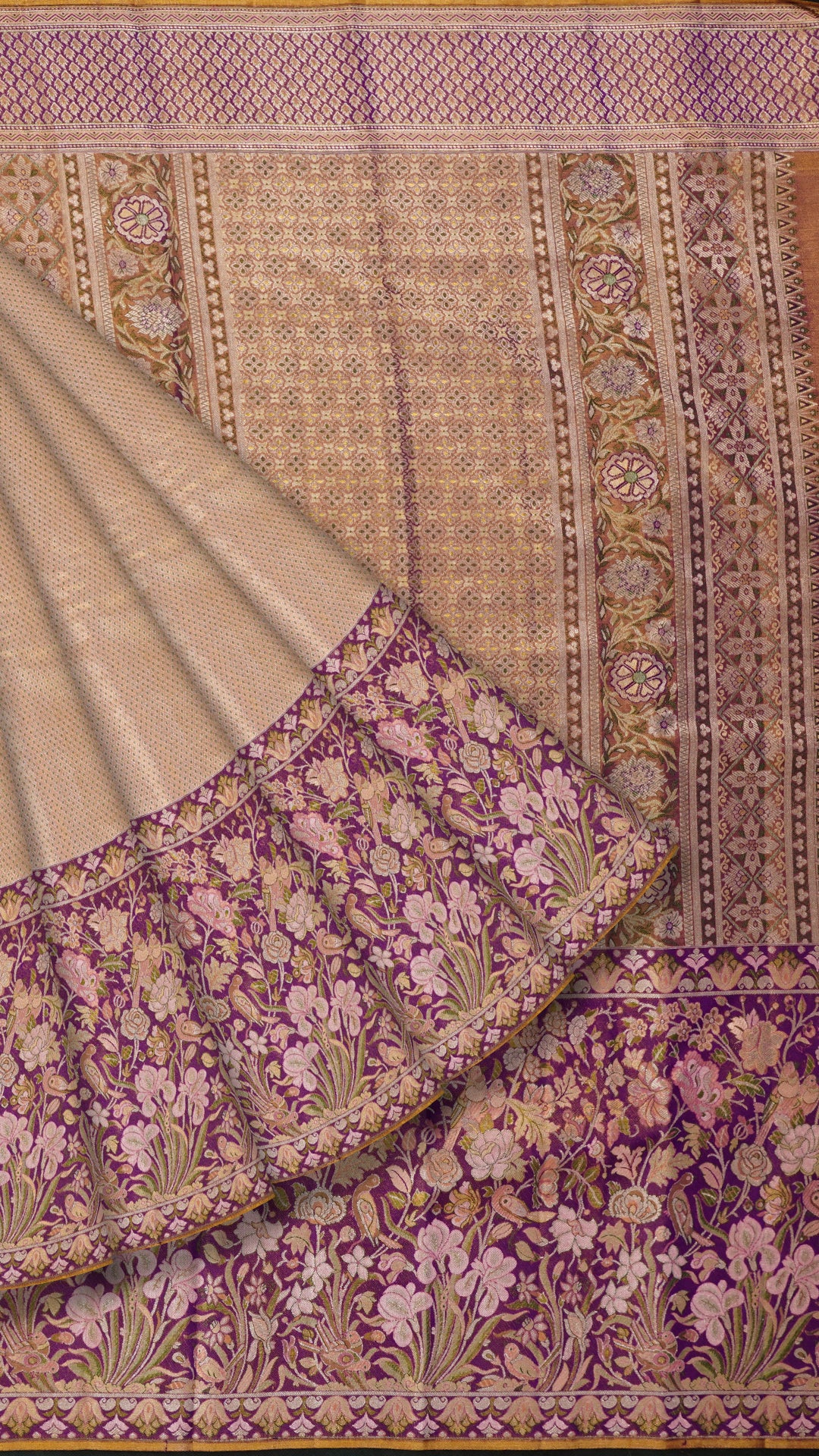 Peach Silk Saree with Purple Brocade and Small Butta Weave