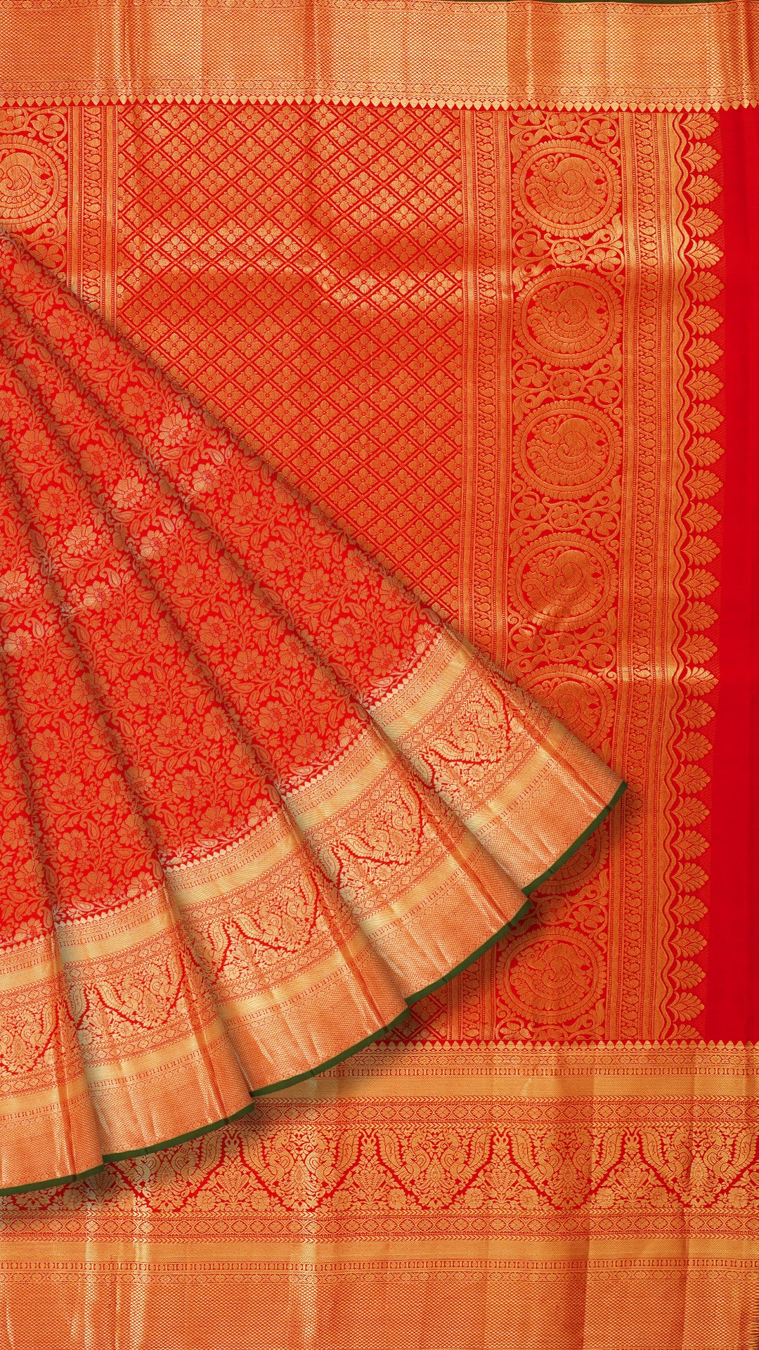 Red Kanchi Pattu Silk Saree with All Over Zari and Contrast Buta Pallu