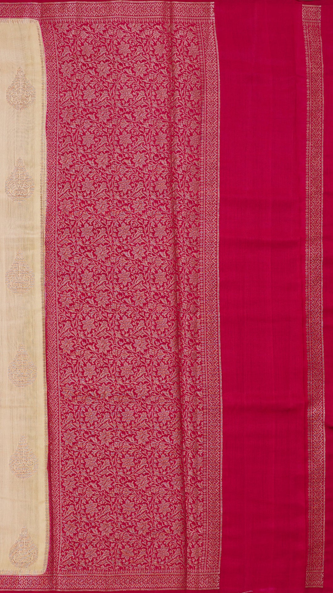 Beige Chiniya Silk Saree with Magenta Contrast Border