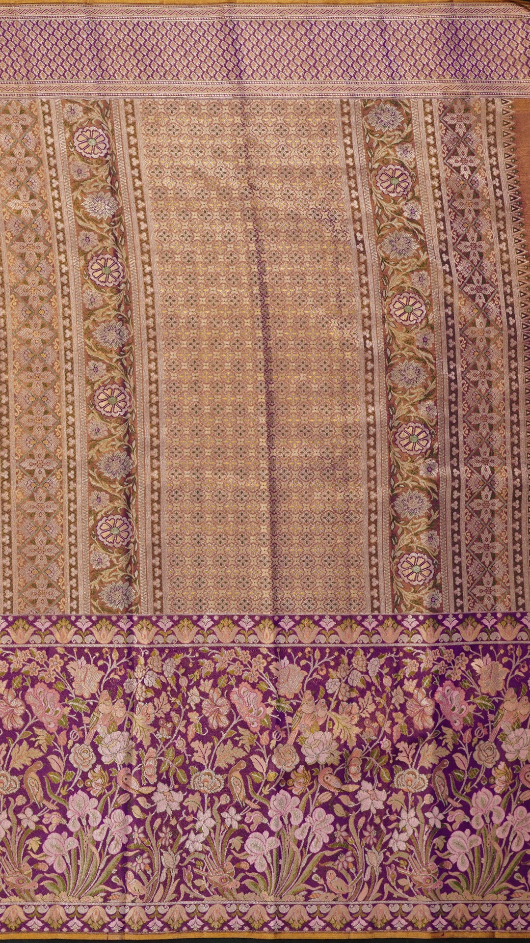 Peach Silk Saree with Purple Brocade and Small Butta Weave