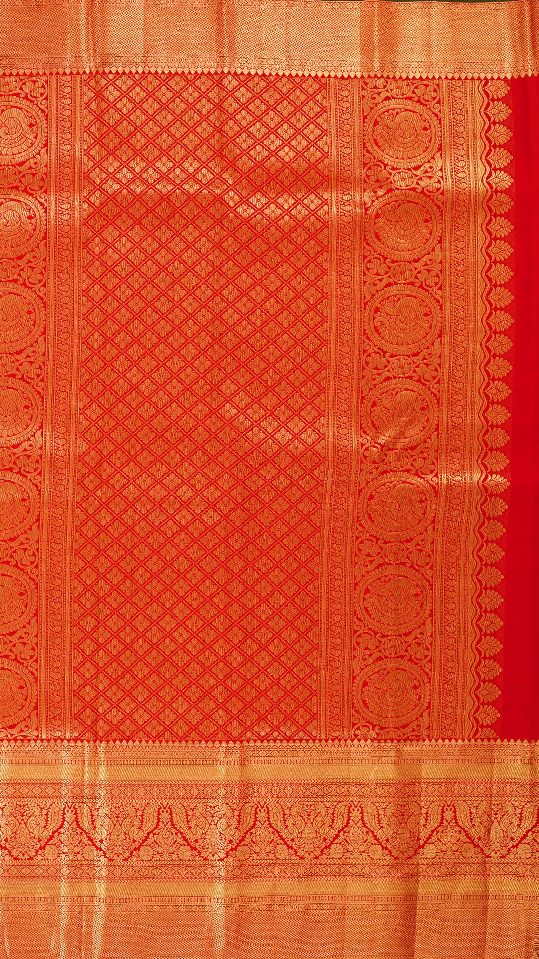 Red Kanchi Pattu Silk Saree with All Over Zari and Contrast Buta Pallu