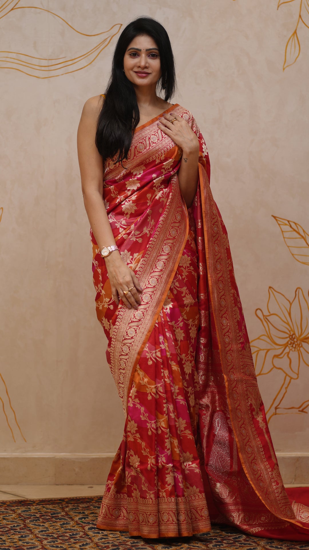 Multicolor Banaras Saree with Pumpkin Zari Contrast Border