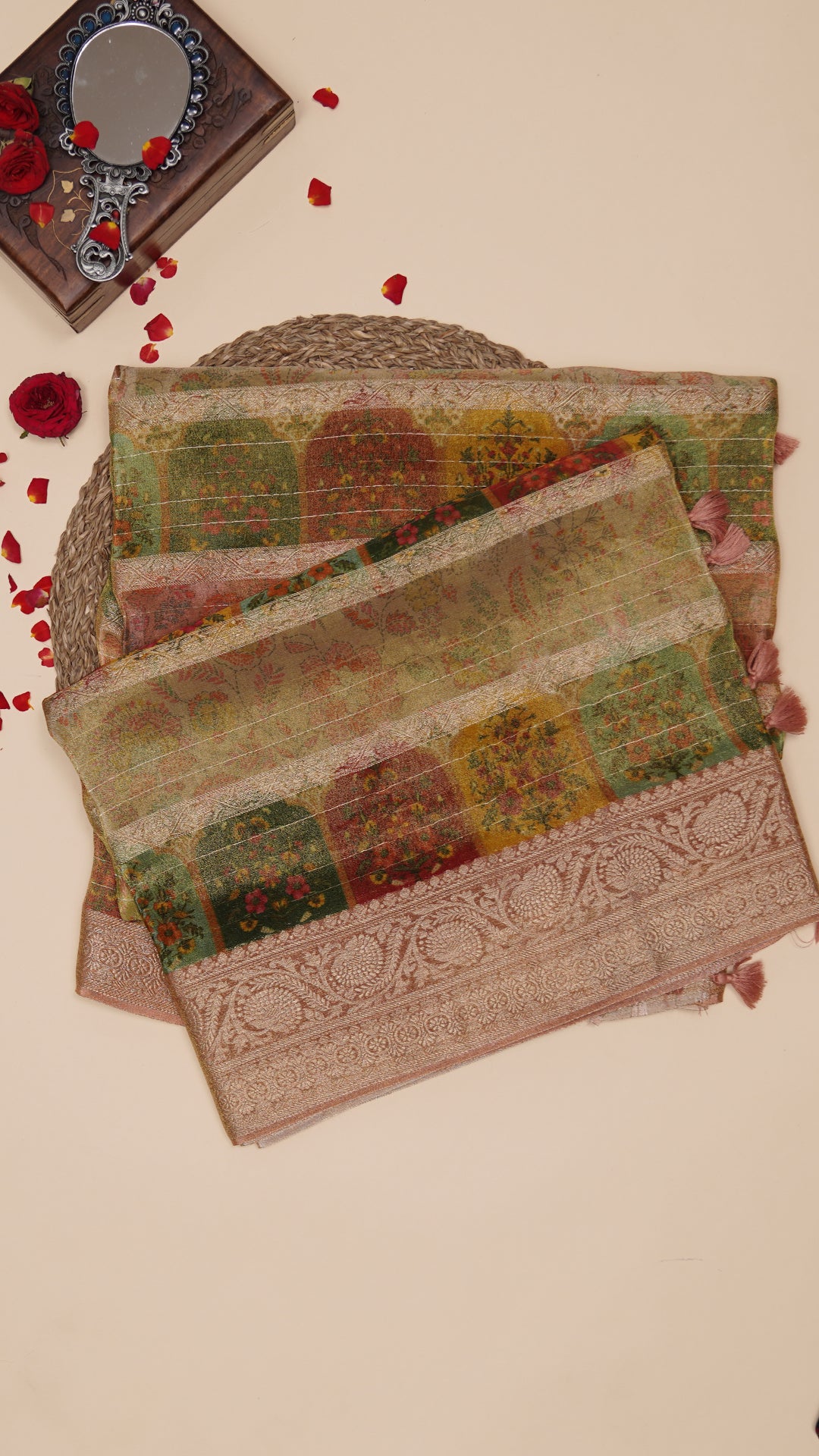 Multi Colour Dola Silk Saree with Zari – All Over Design | Vaarahi Silks