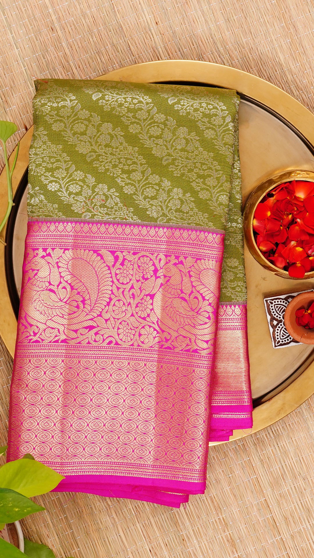 Mehendi Green Kanchipuram Silk Saree with All Over Silver Zari and Hot Pink Border