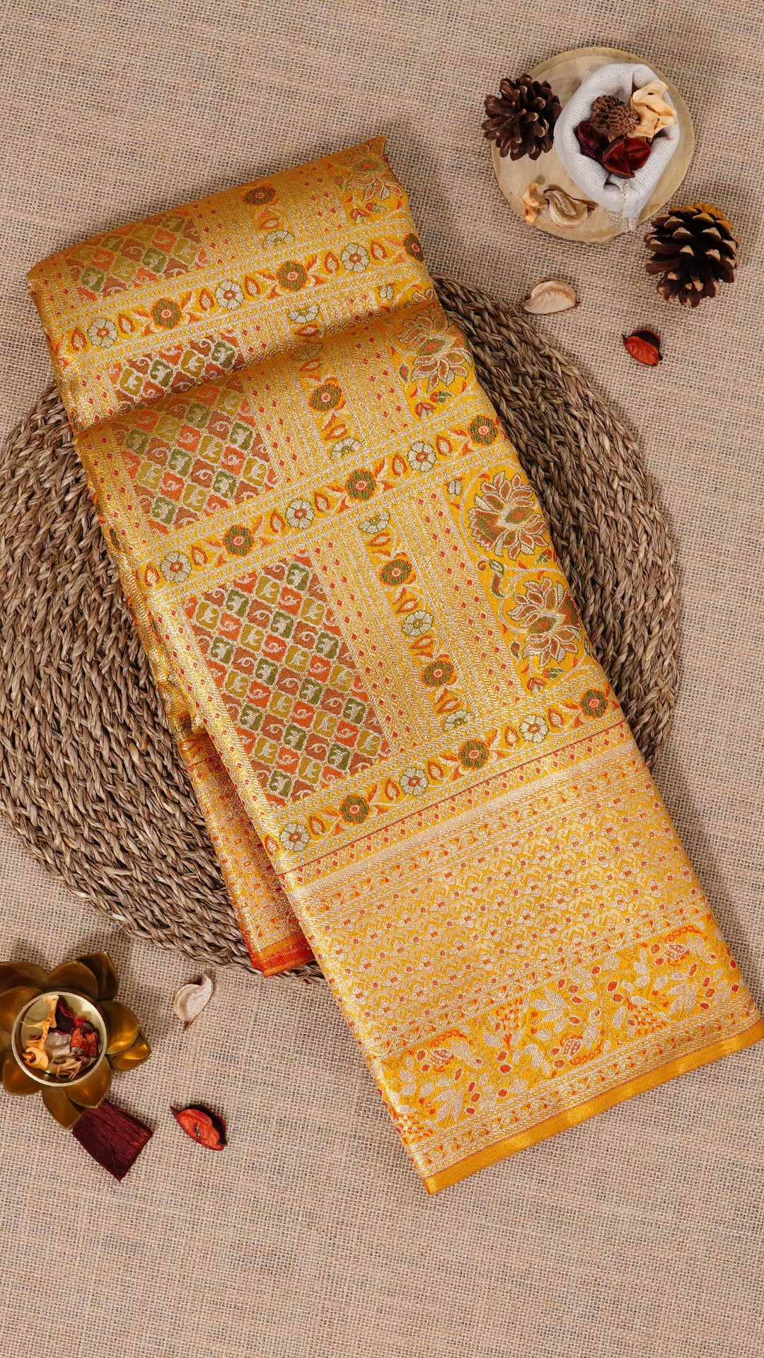 Gold Self Kanchipuram Saree with Meenakari Design Border
