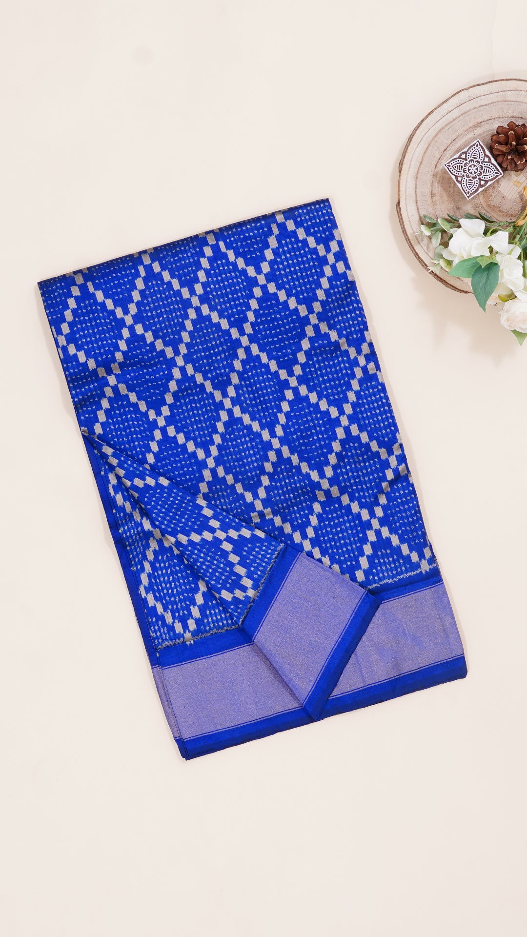 Royal Blue Geometric Ikkat Saree with Self Kadi Border