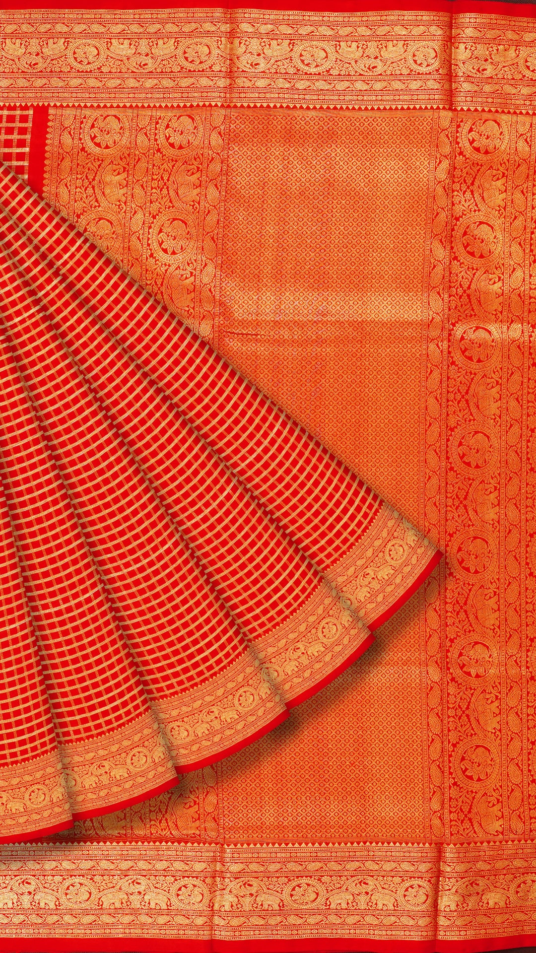 Red Venkatagiri Silk Saree with All Over Checks