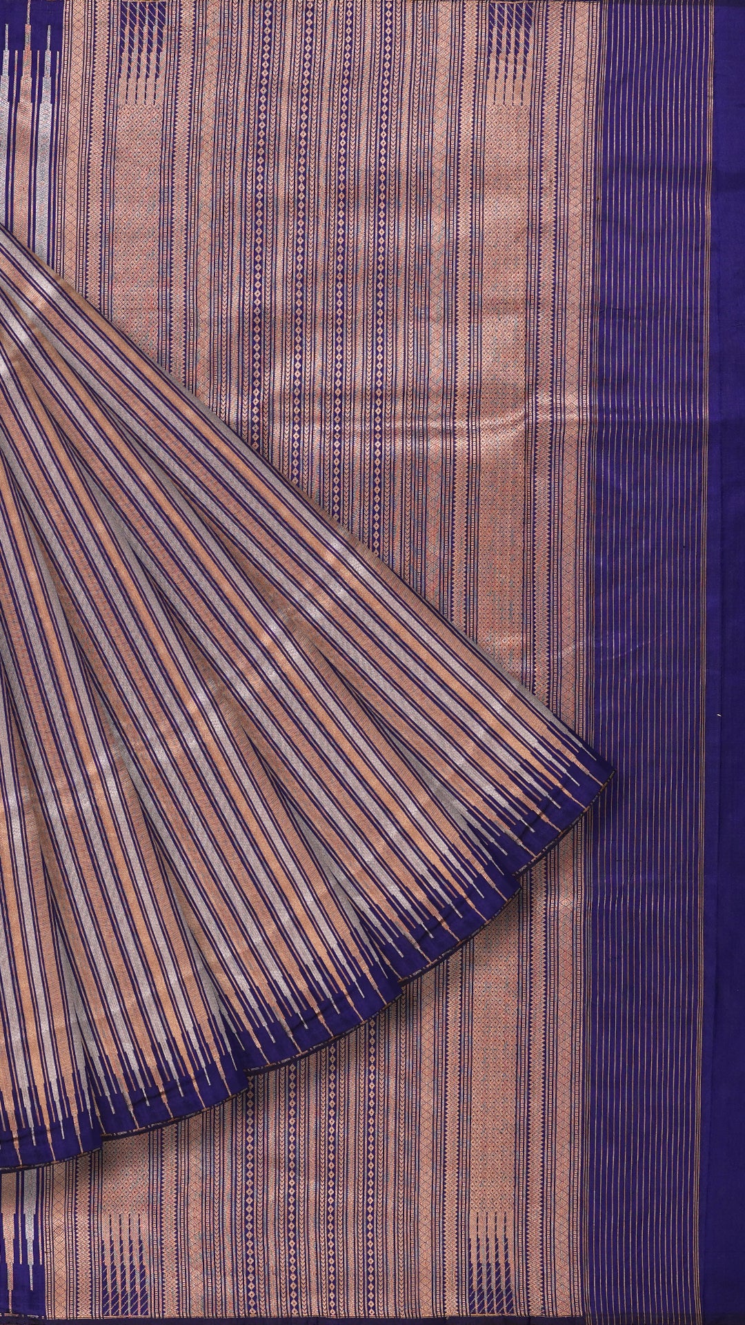 Navy Blue Banaras Saree with Golden Silver Vertical Stripes