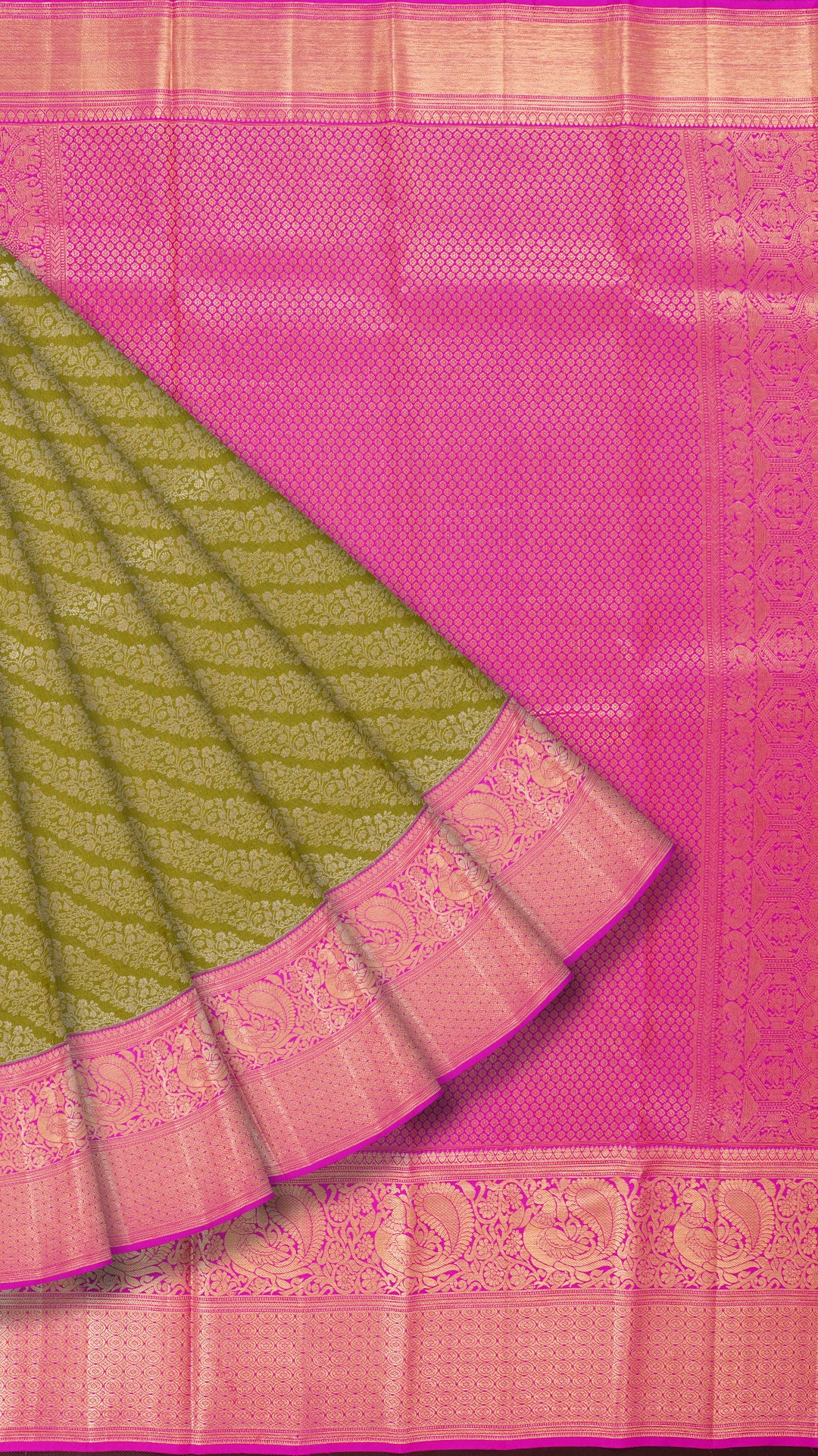 Mehendi Green Kanchipuram Silk Saree with All Over Silver Zari and Hot Pink Border
