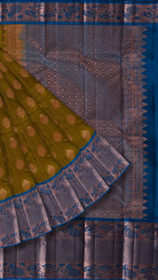 Mehendi Green Kanchi Pattu Saree with Teal Blue Contrast Zari Border