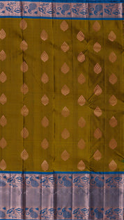 Mehendi Green Kanchi Pattu Saree with Teal Blue Contrast Zari Border