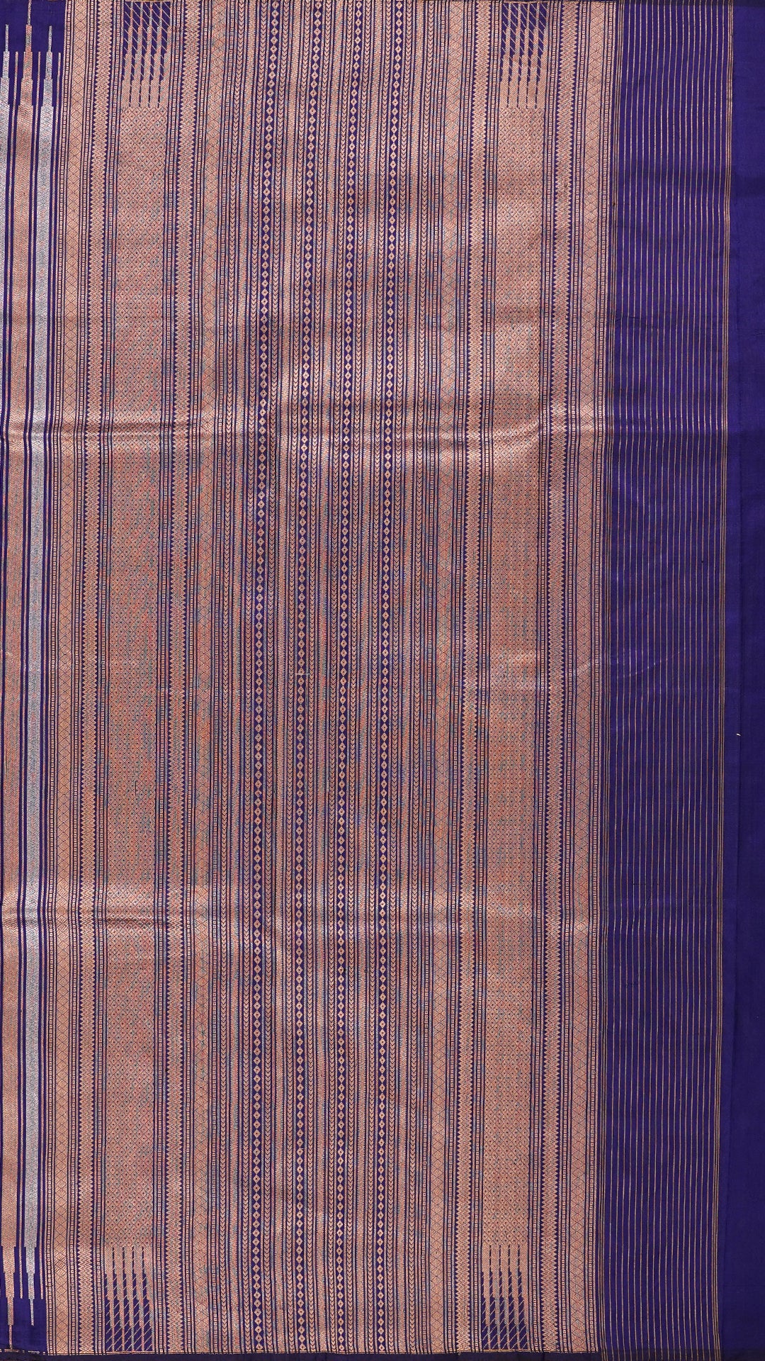 Navy Blue Banaras Saree with Golden Silver Vertical Stripes