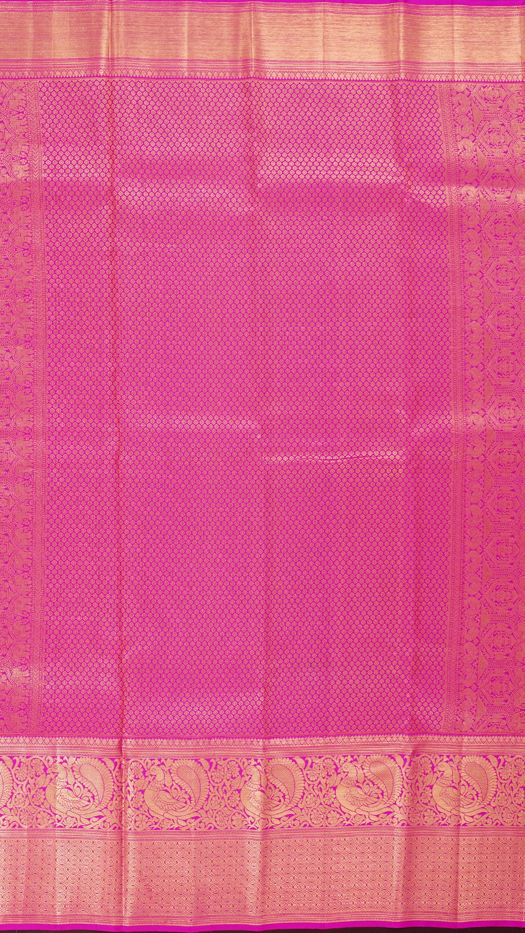 Mehendi Green Kanchipuram Silk Saree with All Over Silver Zari and Hot Pink Border