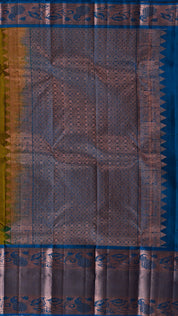 Mehendi Green Kanchi Pattu Saree with Teal Blue Contrast Zari Border
