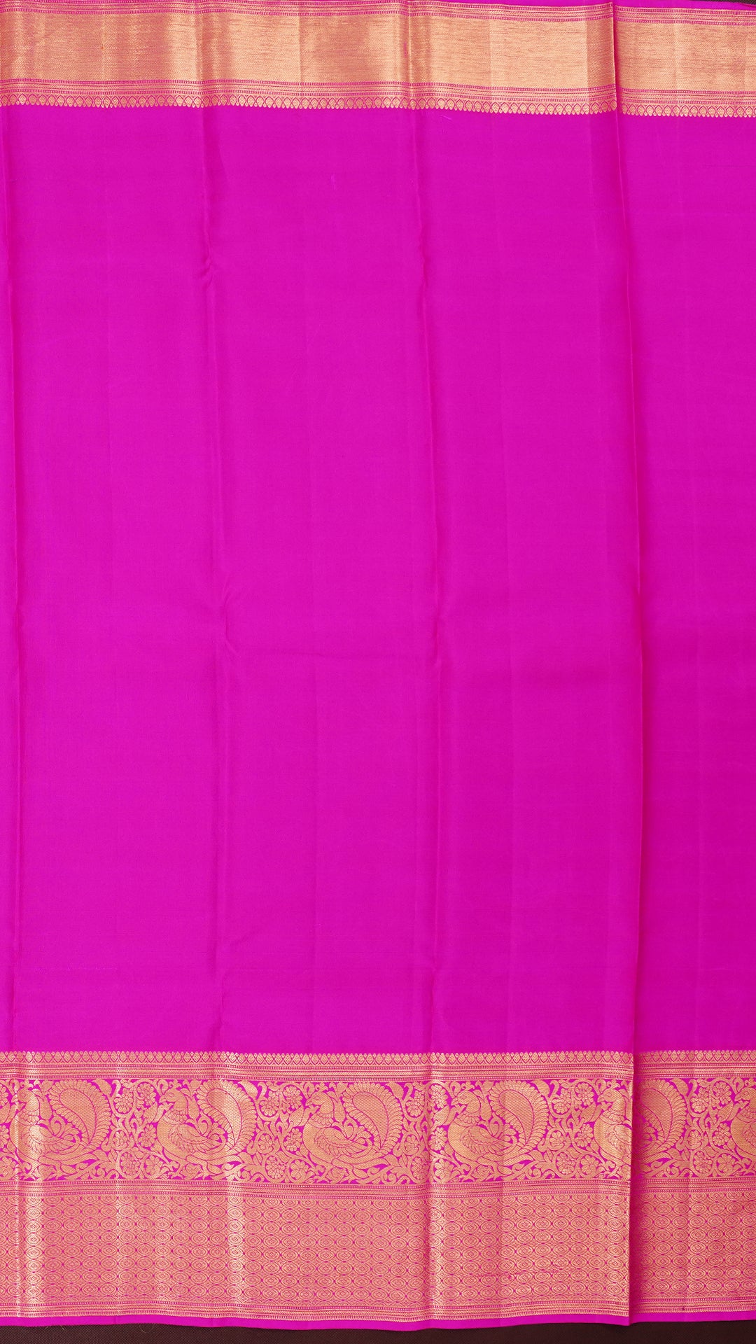 Mehendi Green Kanchipuram Silk Saree with All Over Silver Zari and Hot Pink Border