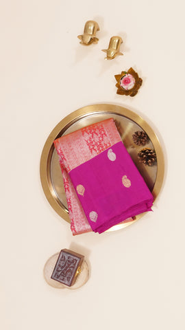 Rose Pink Kanchi Pattu Silk Saree with Large Silver Contrast Butta Border