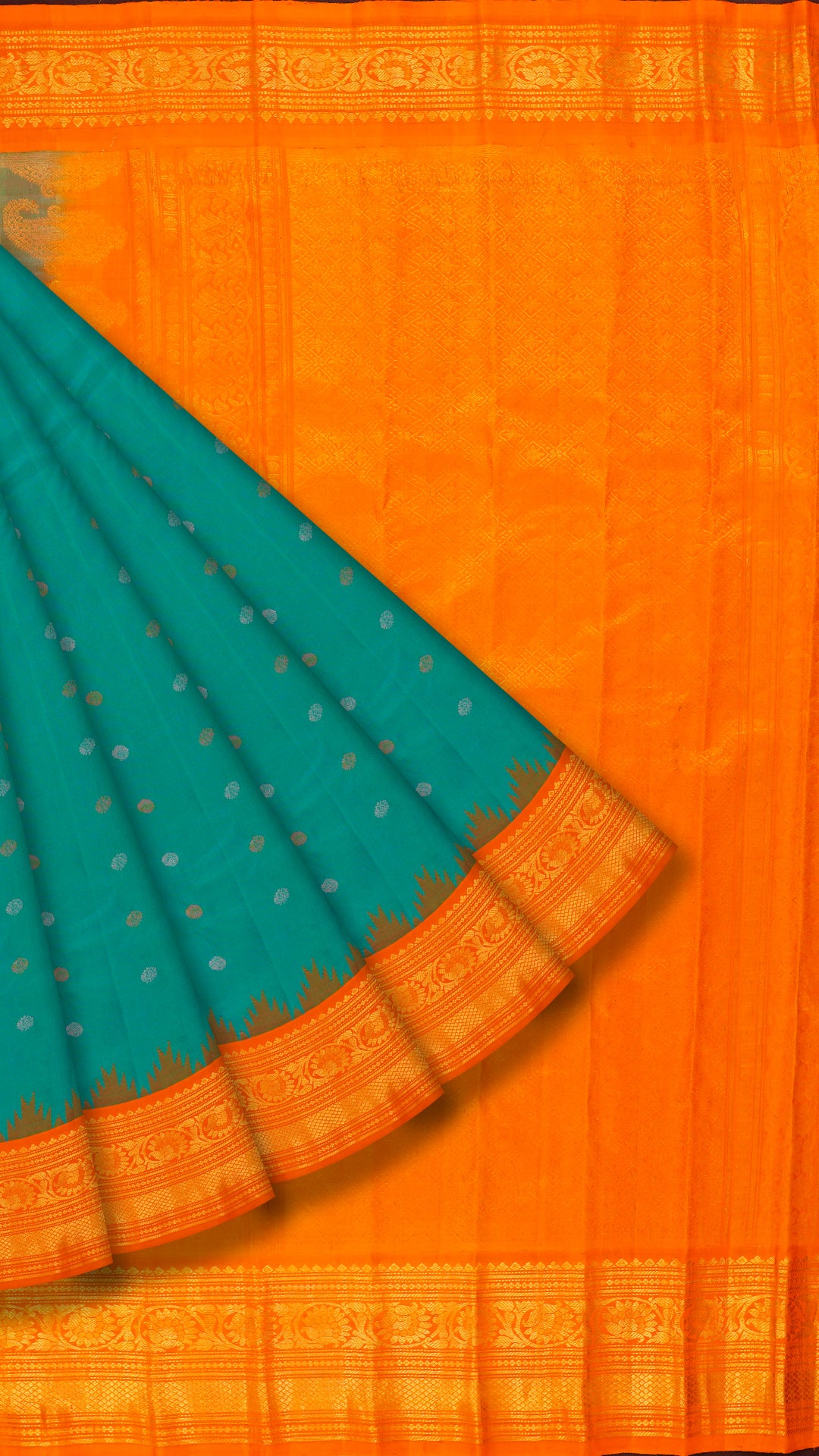 Rama Green Gadwal Silk Saree with Safron Contrast Border